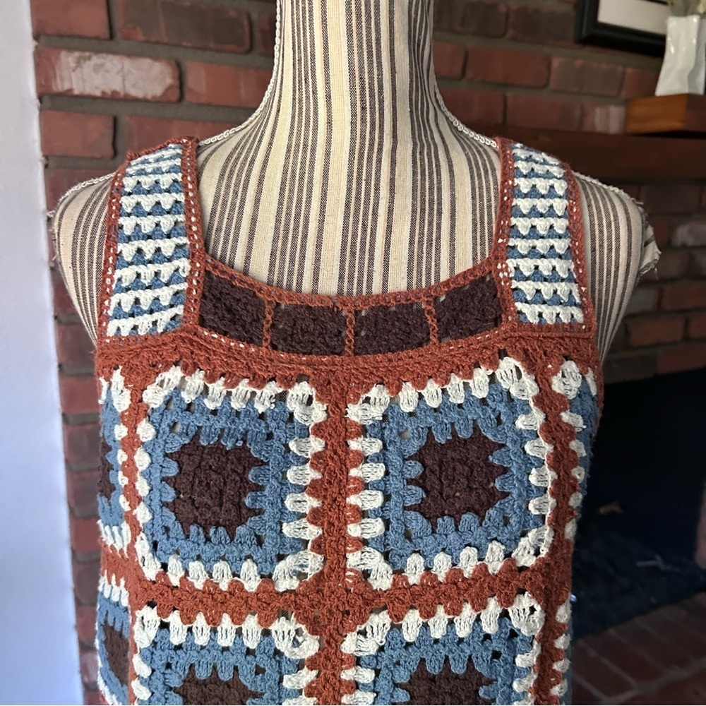 CATO Granny Square Crochet Tank Top Brown Blue Sz XS - Picture 2 of 7